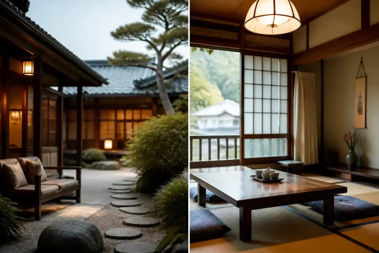 Paysage brumeux au Japon évoquant la lenteur du voyage et le calme d'une nuit traditionnelle
