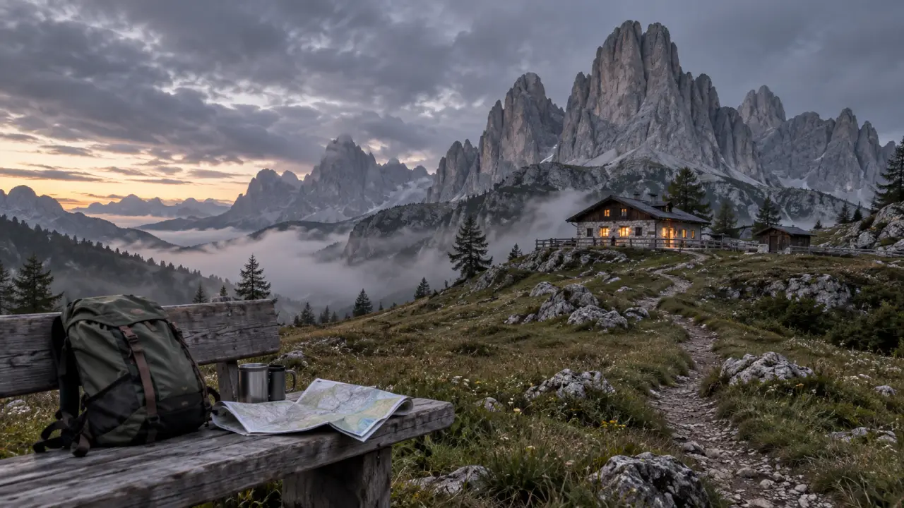 Paysage brumeux des Dolomites au lever du jour, entre refuges et sommets calcaires