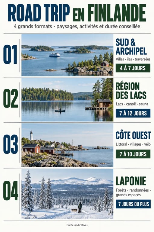 Infographie des régions et durées pour préparer un road trip en Finlande