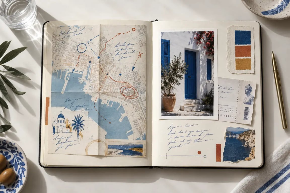 Idées inspirantes carnet de voyage exemple avec collage, carte annotée et souvenirs papier