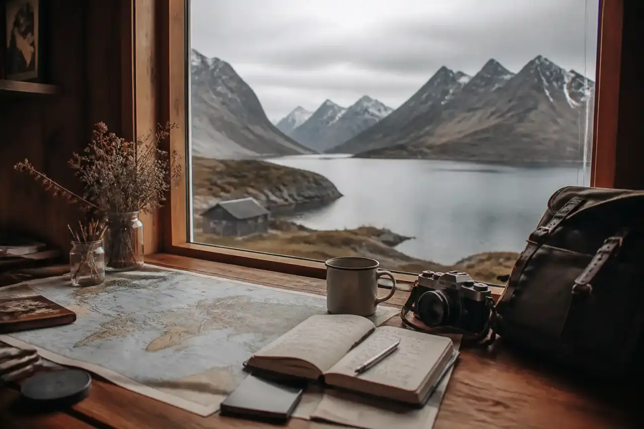 Carnet de voyage ouvert sur une table en bois, lumière douce