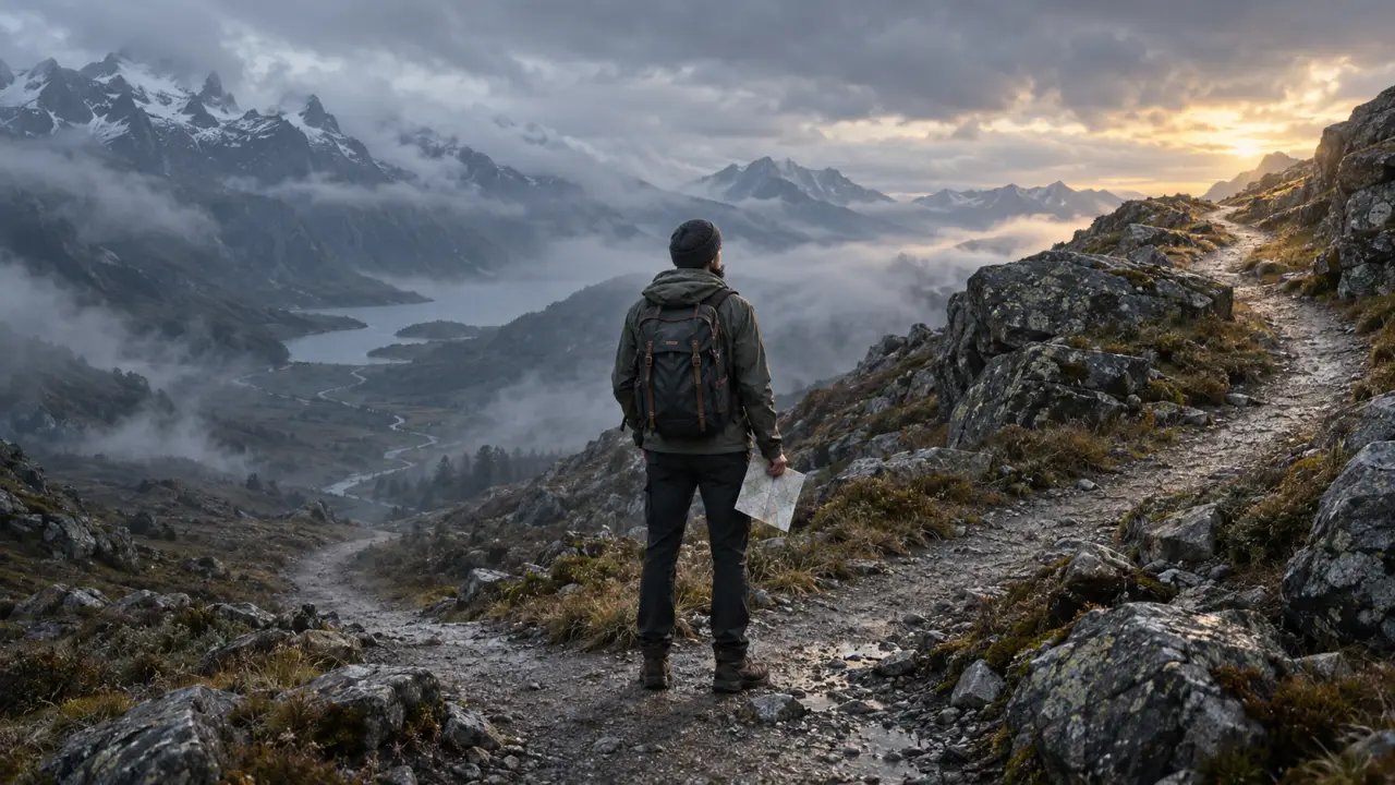 Paysage lointain et brumeux évoquant un voyage hors des sentiers battus