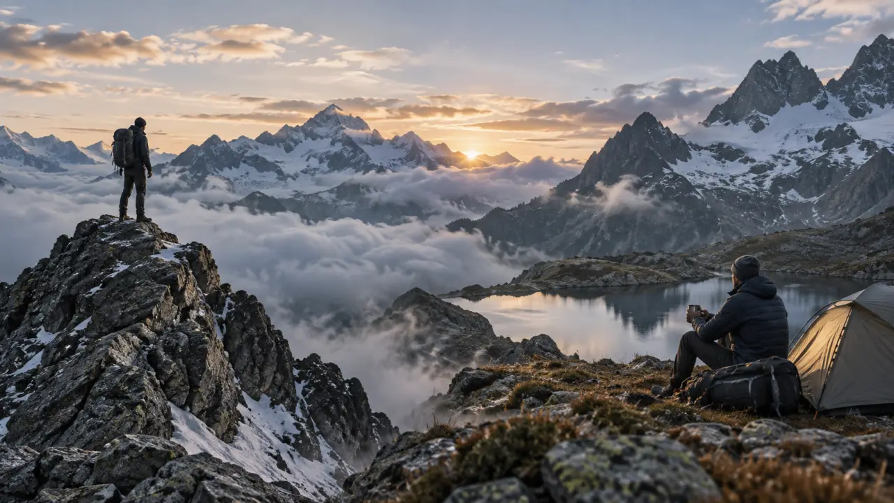 Voyageur contemplant une crête alpine dans la brume