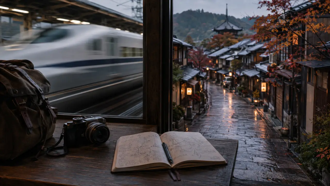 Paysage brumeux et lumineux évoquant une escapade silencieuse à Kyoto