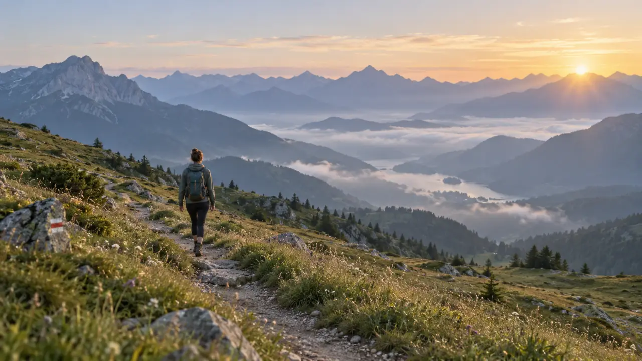 Sentier de montagne baigné par la brume au petit matin