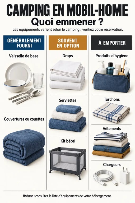 Infographie quoi emmener en camping en mobil-home : affaires fournies, options et indispensables à emporter
