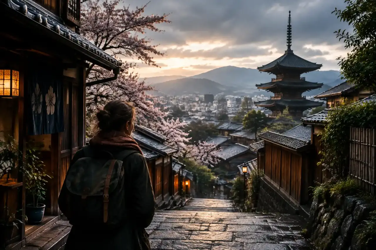 Rue paisible de Kyoto au petit matin, entre temples et maisons traditionnelles