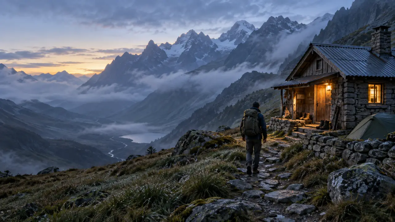 Trekkeur solitaire devant un paysage montagneux brumeux à l'aube