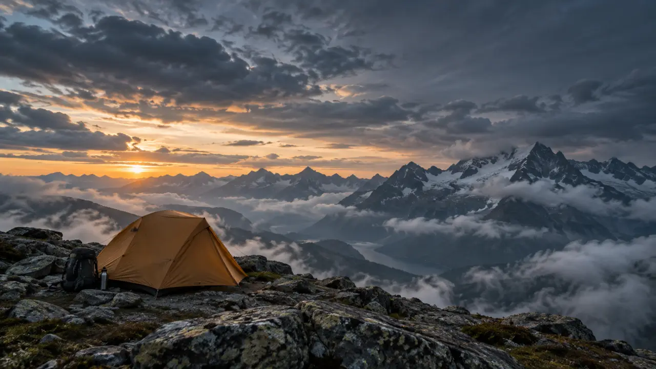 Tente de bivouac face à une vallée montagneuse dans la lumière douce de l'aube