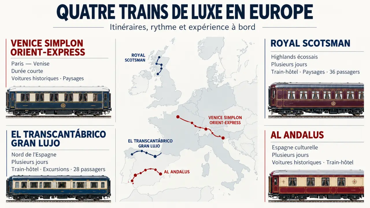 Infographie comparative des trains de luxe en Europe et de leurs itinéraires