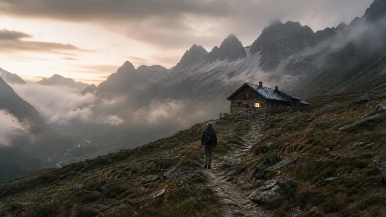 Paysage brumeux de montagne à l'aube, atmosphère solitaire et cinématographique