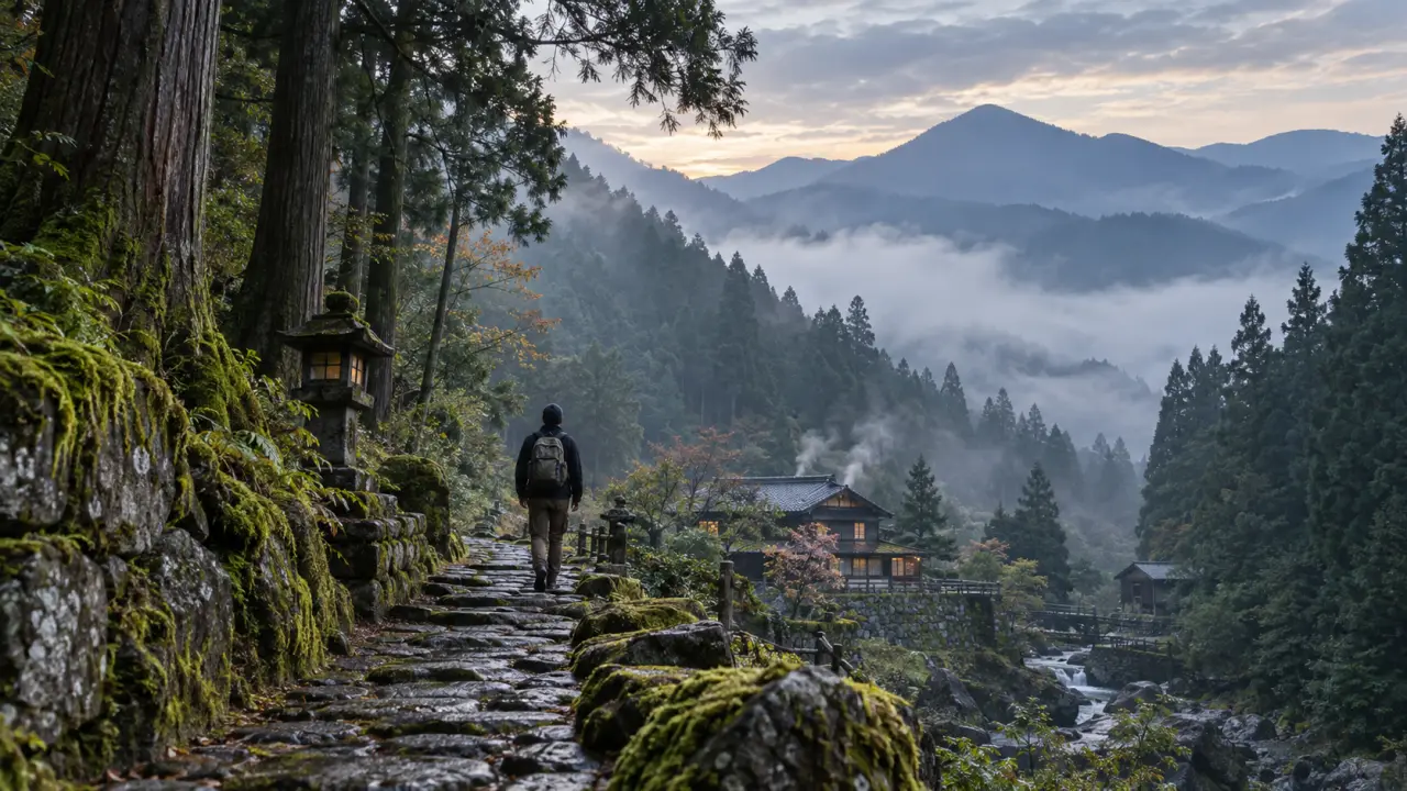 Sentier de montagne brumeux au Japon, entre cèdres et reliefs sauvages