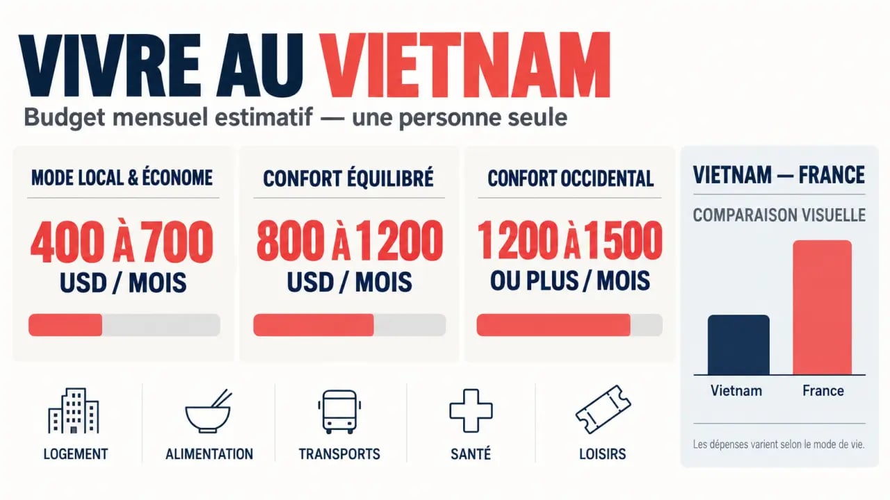 Infographie sur le coût de la vie au Vietnam et les budgets mensuels selon le niveau de confort