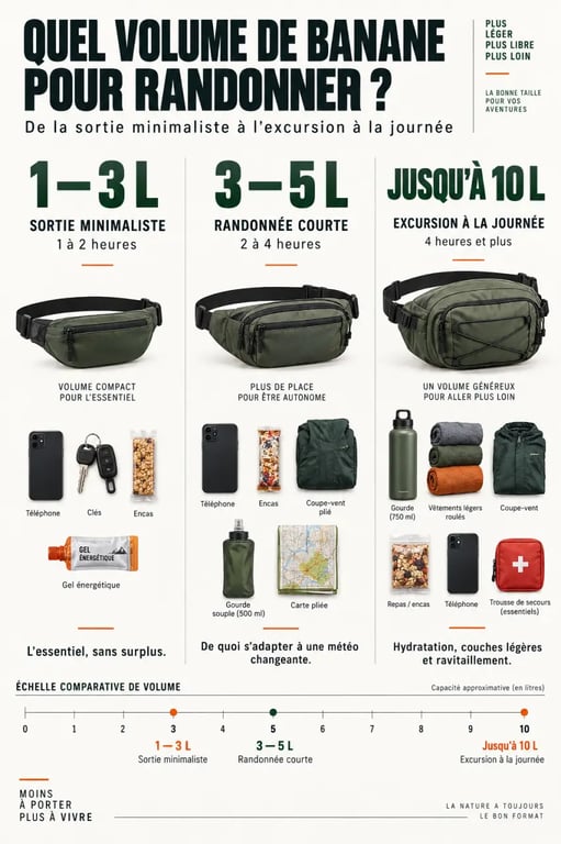 Infographie des volumes d’une banane pour randonnée de 1 à 10 litres selon la durée de sortie