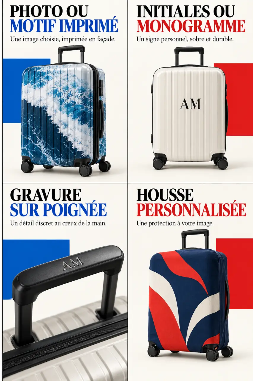 Différentes façons de personnaliser une valise avec photo, monogramme, gravure et housse