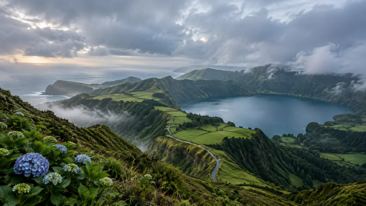 Paysage volcanique et brumeux des Açores au lever du jour