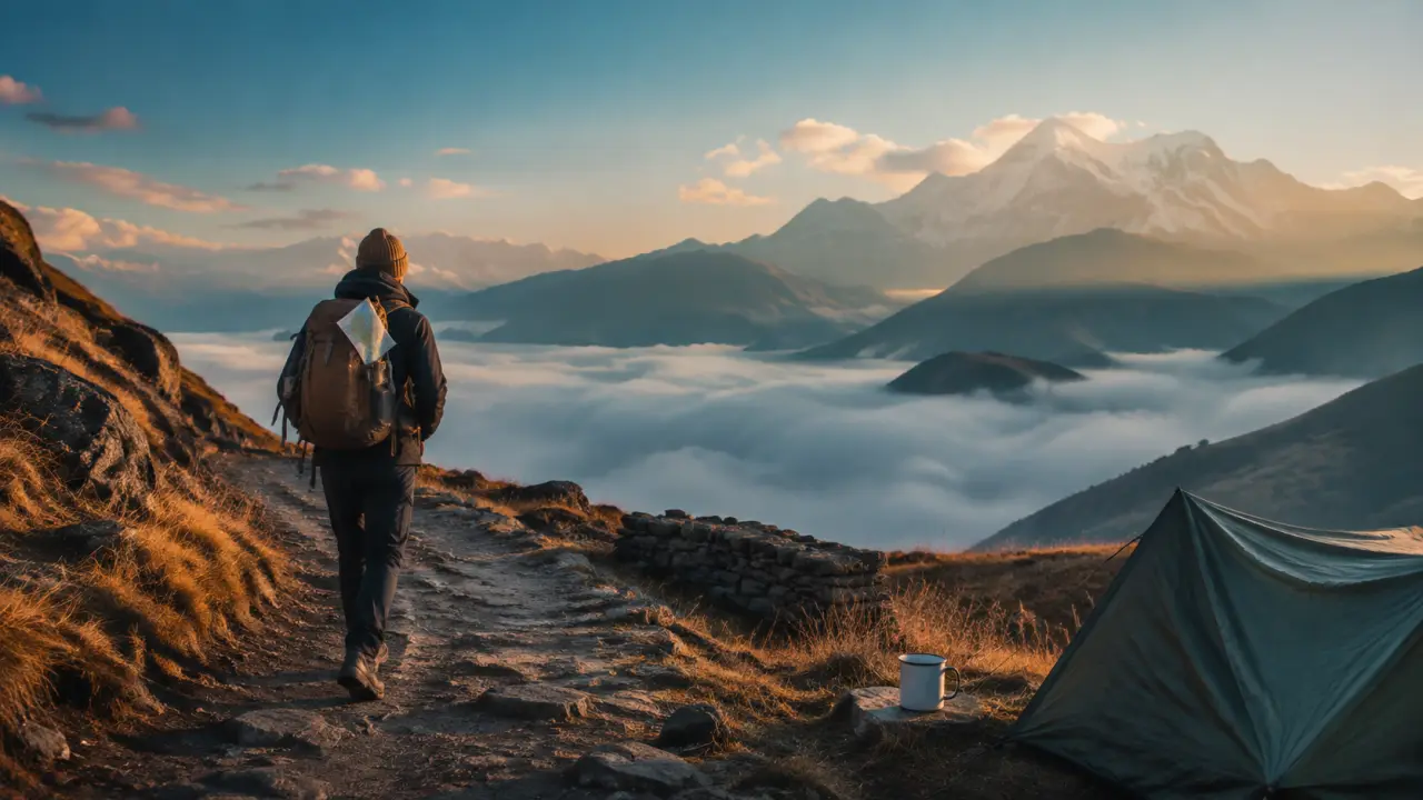 Paysage brumeux et grandiose au lever du jour, atmosphère cinématique