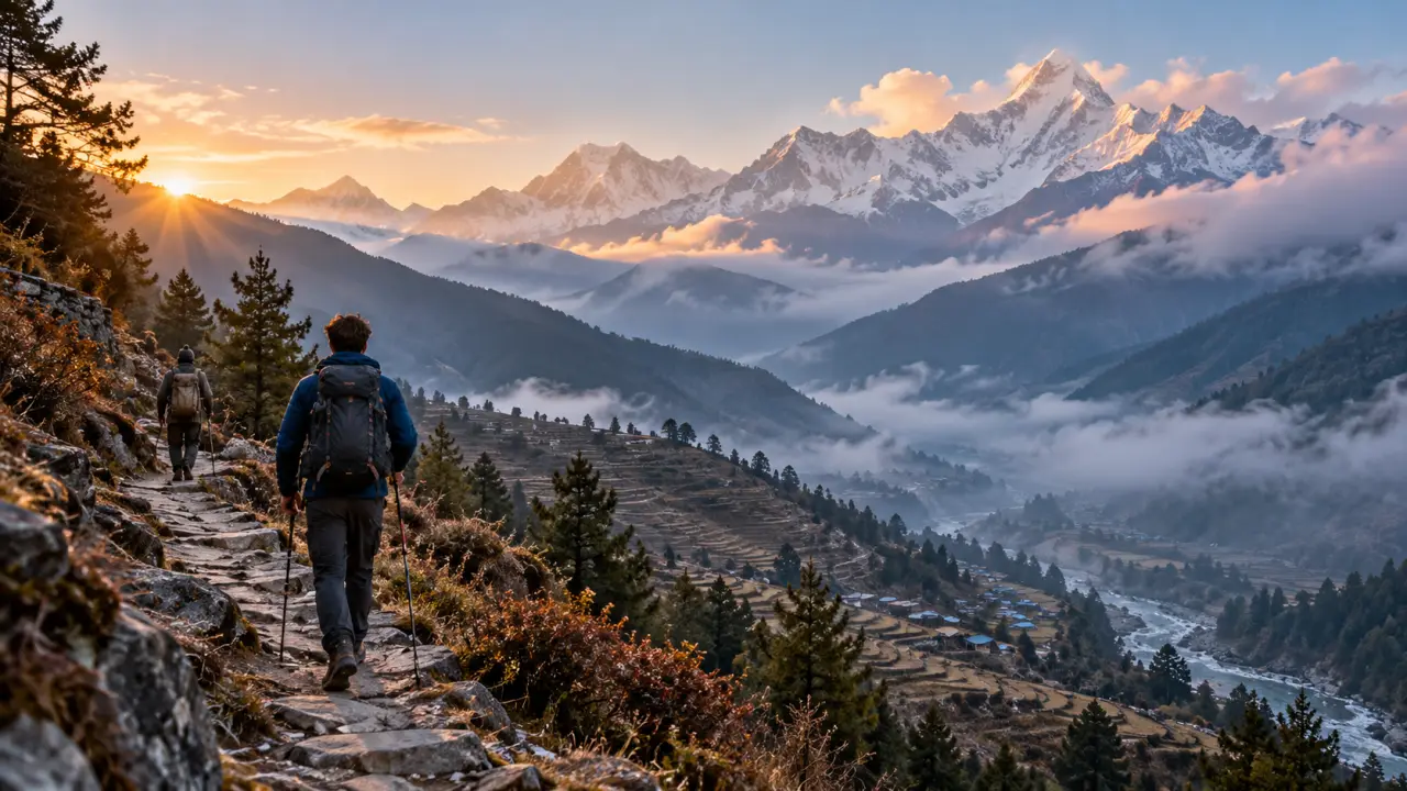 Sentier de trek dans les montagnes de l’Himalaya au Népal